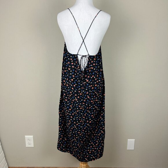 Madewell Midi Dress Womens 12 Black Floral Tie Back Slip Prairie Posies Sundress - Picture 8 of 13